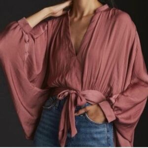 Anthropologie Blush Tie-Front Pleated Blouse